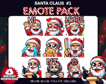 Puede incluir: Un conjunto de ocho emoticonos de Papá Noel con diferentes expresiones, incluyendo "Hola", "Hype", "Llorando", "Ojos de corazón", "Cuchillo", "NT", "Asustado" y "Escribiendo". Los emoticonos son de estilo de dibujos animados y tienen un esquema de color rojo y blanco.