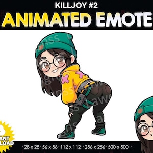 May include: Digital download of an animated emote featuring a cartoon character with glasses, a green beanie, and a yellow jacket. The character is in a crouching pose. The text "KILLJOY #2 ANIMATED EMOTE" is at the top.
