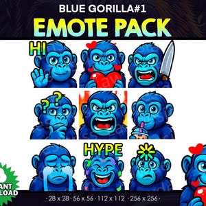 Könnte beinhalten: Ein digitales Kunstpaket mit blauen Gorilla-Emotes mit verschiedenen Ausdrücken. Die Emotes umfassen "HI", ein Herz, ein wütendes Gesicht mit einem Messer, ein Fragezeichen, einen offenen Mund, einen Gorilla, der ein Getränk trinkt, weint, "HYPE" und eine Blume.