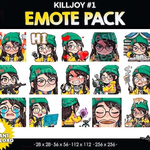 May include: A digital download graphic pack labeled "KILLJOY #1 EMOTE PACK". The pack features a collection of cartoon emotes of a character wearing a green beanie, glasses, and a yellow jacket. The emotes display various expressions and actions.