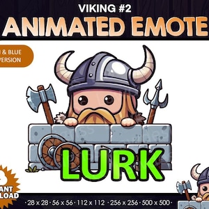 以下が含まれることがあります： 「LURK」と書いてある緑と青の吹き出しを持った、漫画のバイキングのアニメーション絵文字。バイキングは角のあるヘルメットとあごひげを付けています。バイキングは石の壁の上から覗いています。