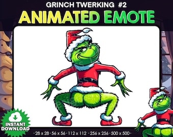 Puede incluir: Ilustración animada de emote del Grinch. El Grinch está representado con un traje y gorro de Papá Noel rojos, con cara y cuerpo verdes. El texto "GRINCH TWERKING #2 ANIMATED EMOTE" está en la parte superior. La imagen incluye varias opciones de tamaño.