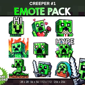 Op de afbeelding: Een set van negen digitale emoticons met een groen Minecraft Creeper-personage in verschillende poses en uitdrukkingen. De emoticons omvatten "HI", "HYPE" en een Creeper met doorgestreepte ogen.