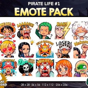 Puede incluir: Un paquete gráfico de descarga digital titulado "PIRATE LIFE #1 EMOTE PACK" con varios emoticonos de personajes de dibujos animados con texto como "MEAT!", "AAAAAGH!" y "RAID". El paquete incluye una variedad de expresiones y poses.