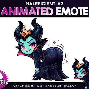 May include: Animated emote featuring a cartoon Maleficent character with green skin, black horns, and a crown. The character is in a bending pose, wearing a black cloak. The image includes the text "MALEFICIENT #2 ANIMATED EMOTE" and download size options.