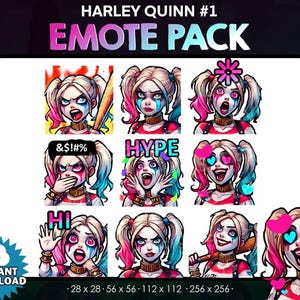 Może przedstawiać: Zestaw dziewięciu cyfrowych emotikonów z Harley Quinn, postacią z komiksów. Emotikony są ułożone w siatkę, a każda z nich ma inny wyraz twarzy, w tym śmiech, płacz i mruganie okiem. Emotikony mają różne rozmiary, od 28 x 28 pikseli do 256 x 256 pikseli.