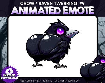 May include: Animated emote of a black crow or raven with purple eyes, twerking. The crow is cartoon-style and has a large, round, black body. The emote is available in various sizes, including 28 x 28, 56 x 56, 112 x 112, 256 x 256, and 500 x 500 pixels.