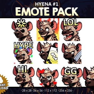 Paquete de 9 emoticones de hiena - Twitch, YouTube, Discord / Hiena / Lindos emoticones de hiena para Twitch para transmisión, paquete de hiena, lindos emoticones de hiena