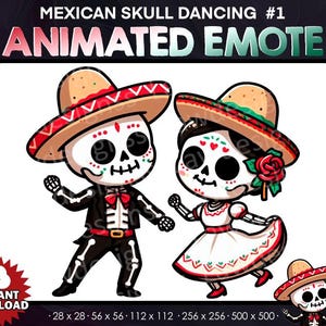 Hombre y mujer mexicanos animados bailando con calaveras - Twitch, Youtube, Discord / Calavera de Halloween / Baile de calaveras Emotes de Twitch para transmisión, divertidos
