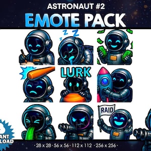 Paquete de 9 emoticones de astronauta 2 - Twitch, YouTube, Discord / Astronauta / Emotes de Twitch de Space Man para transmisión, lindo paquete de astronauta