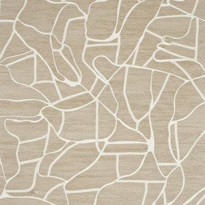 May include: Neutral-toned rug with a beige background and a white, abstract, interconnected design. The pattern resembles a network of organic shapes and lines, creating a modern, textured surface.
