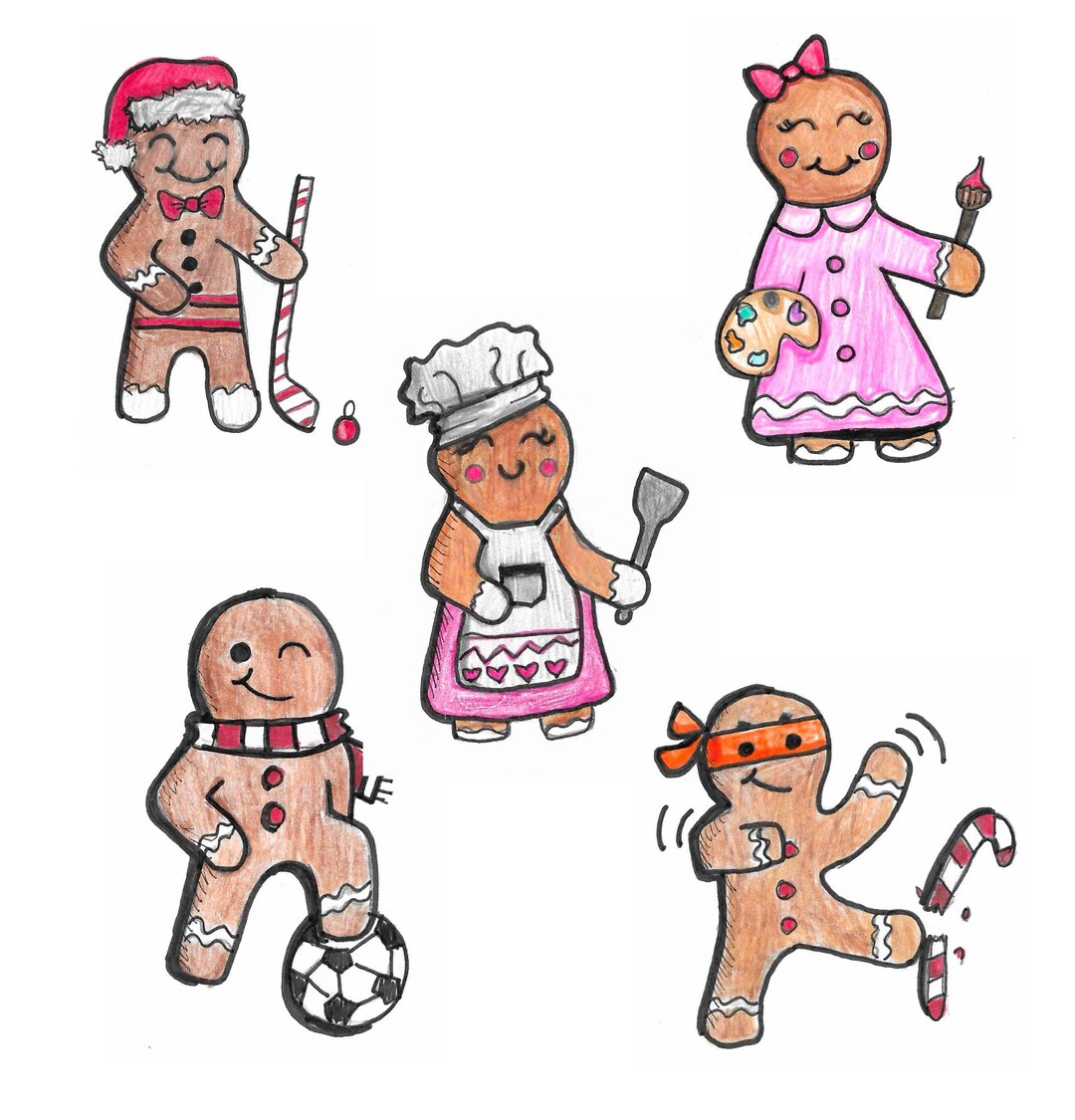 Printable Gingerbread (5) Characters Images, Hand Drawn, Instant ...