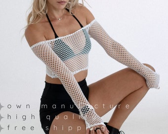 Top corto de malla blanca con hombros descubiertos y rejilla transparente de manga larga / ropa de baile transparente para pole dance, tacones exóticos, atuendo para festival rave