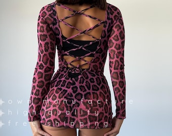 Roze mini-jurk van mesh | Doorzichtige doorzichtige nachtjurk voor paaldansen, exotisch, rave, festivalmode, clubwear en podiumvoorstellingen