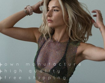 Rhinestone Crystal Mesh Tank Crop — Diamond Sparkle Fake Jewelry Rave Top Gift for Her