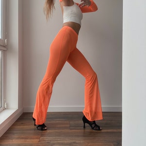 Neon Orange Mesh Pants, Women Crochet Pants, Dance Pants, Stretch Flared Pants, Fishnet Trousers, See Through Festival Pants, Orange Pants