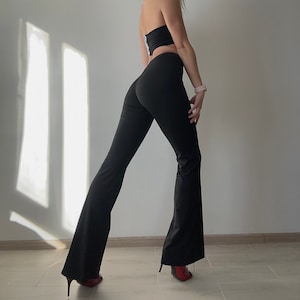 Black cotton flared pants – high waist stretchy matte trousers for women, dance sport yoga festival rave club stage outfit