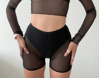 Black mesh dance shorts for women | see through booty pole twerk exotic heels shorts, crochet biker shorts festival rave clubwear stagewear