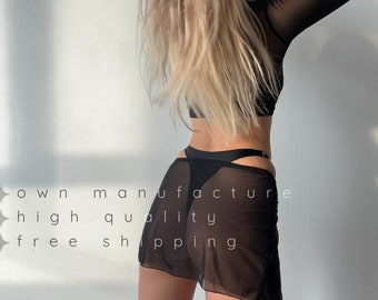 Black crochet mesh mini skirt | sheer gothic rave skirt for pole dance, exotic twerk, festival fashion & edgy nightlife style