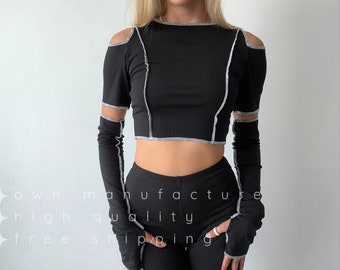 Women’s rubbed knitted top black white stitching crop shirt stretchy style top black removable sleeves dance gift for her birthday