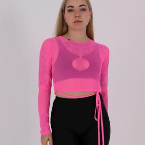 Light pink crop top,valentines gift for her pink top,women's hot pink festival top,birthday gift for girlfriend,rave long sleeve fishnet top