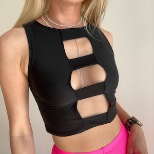 Black decollete top, rave tank top, sleeveless top, stretch cropped top, cleavage top, tank top for dance/yoga,tee top,women rave shirt