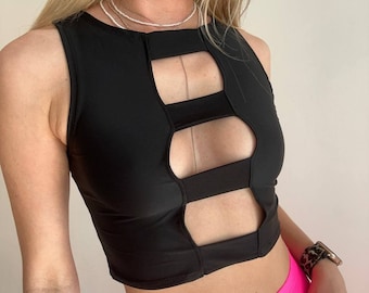 Black decollete top, rave tank sleeveless stretch cropped top, cleavage top,dance/yoga tshirt,tee gift f/her birthday