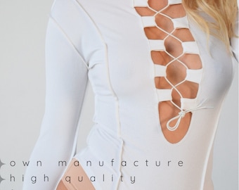 White Pole Dancewear Costume — Lace Leotard Catsuit and Stripper Bodysuit Poledance Set