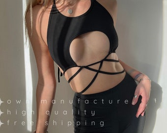 Black Tank Top, Women Crop Top, Decollete Minimalistic Bralette, Convertible 10in1 Swimming Polewear Bra, gift for her