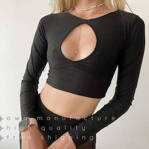 Schwarzes Crop Top, Frauen Rave Top, Dekollete Stretch Top, Langarm Crop Top mit Ausschnitt, Tanz Sommer Top, Geschenk für Sie Geburtstag