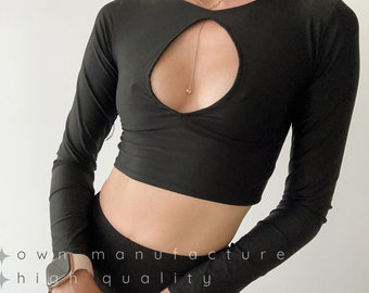 Black Crop Top, Women Rave Top, decollete Stretch Top, Long Sleeve Cropped Top With Neckline, Dance Summer Top,gift for her birthday