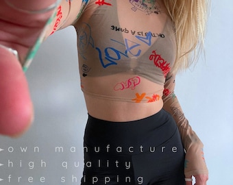 Haut court en résille beige à manches longues | Chemise de danse y2k transparente en résille, haut d'été extensible festival rave