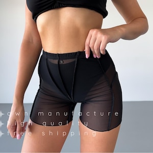 Striped black mesh booty shorts for women | see through cheeky dance shorts pole twerk exotic heels, sexy rave festival club stagewear