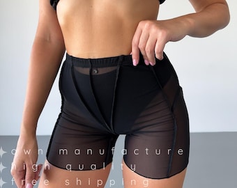Pantalones cortos de malla negra a rayas para mujer / pantalones cortos de baile atrevidos transparentes con tacones exóticos para twerking en barra, ropa sexy para escenario de festivales y clubes rave