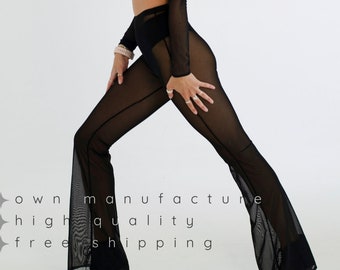Black mesh flared pants for women | see through fishnet rave bottoms, high rise exotic pole dance trousers club festival wear