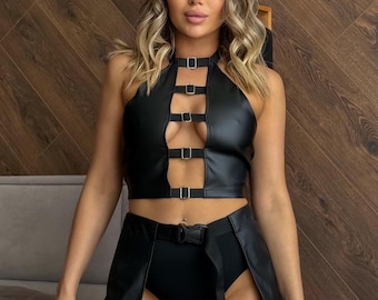 Eco leather crop decollete shirt black leather dance neckline bra festival style rave outfit gift for her