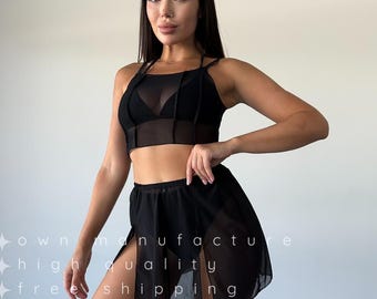 Black striped mesh crop top | strappy fishnet tank with sheer crochet detail, sexy dancewear for pole, rave, festival, club & stage looks