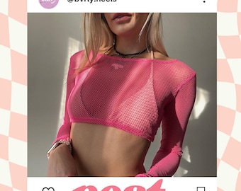 Rosa mesh-crop-skjorta med lång ärm, transparent, genomskinlig fisknät-topp för dans, rosa, rave-festivalskjorta, stretchig Y2K-stil
