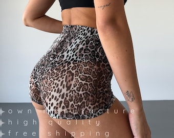 Wild leo mesh booty shorts for women | animal print see through dance shorts pole twerk exotic heels, sexy rave festival club stagewear