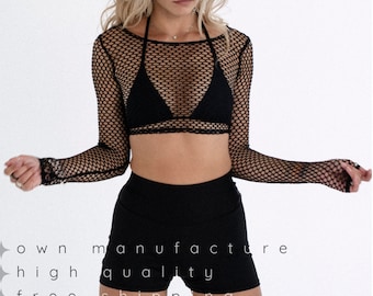 Black crop top, stretch sheer mesh rave top, see through fishnet crew neckline top, transparent crochet long sleeve shirt, gift for her