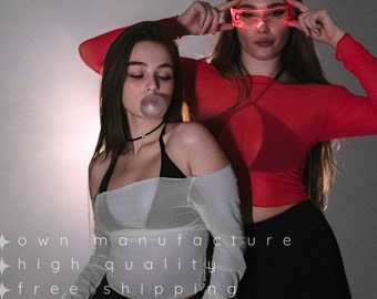 Red sheer crop top, See Through stretch rave mesh cropped fishnet long sleeve transparent summer shirt, off shoulder tshirt,gift for her