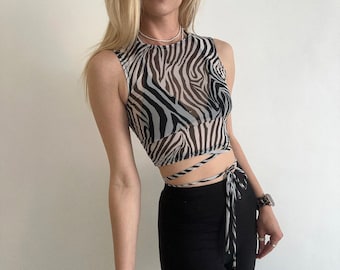 Zebra mesh sleeveless crop top | black & white sheer tank with long ties, sexy dancewear for pole, exotic, twerk, rave and festival looks