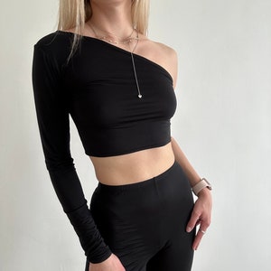 Black one shoulder knit shirt long sleeve asymmetric off shoulder dancewear stretchy cotton cropped style festival rave top