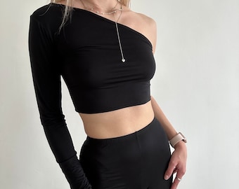 Black one shoulder knit shirt long sleeve asymmetric off shoulder dancewear stretchy cotton cropped style festival rave top