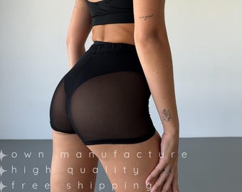 Pantalones cortos de malla negra vanguardistas para mujer / pantalones cortos de baile transparentes y atrevidos, tacones exóticos para twerking en barra, ropa sexy para festivales rave y clubes, ropa de escenario