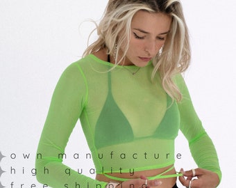 Neon green crop top, See Through stretch rave sheer mesh cropped top, fishnet long sleeve transparent summer іршке,gift for girlfriend