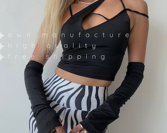 Camisa negra de baile con tirantes y mangas desmontables: Top elástico gótico para rave, festival, club, Y2K