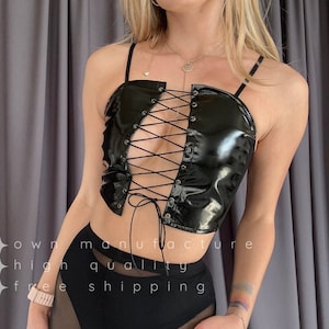 Corset women black, latex corset,gothic corset,black corset,leather corset,corset top,gift for her bday,black latex top,varnished crop top