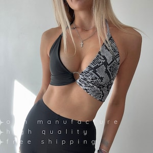 Schwarz Grau Python BH, Frauen Ring Dekolleté Top, Neckholder Sommer Tank, Polewear Leo Geschenk zu ihrem Geburtstag