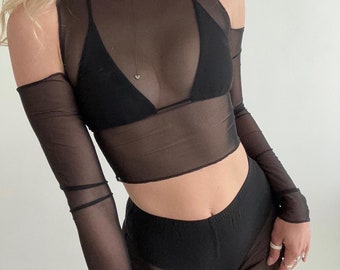 Black mesh pole dance wear set crochet dance costume exotic clothing pole shirt and bottoms stripper costume pole outfit stripper set